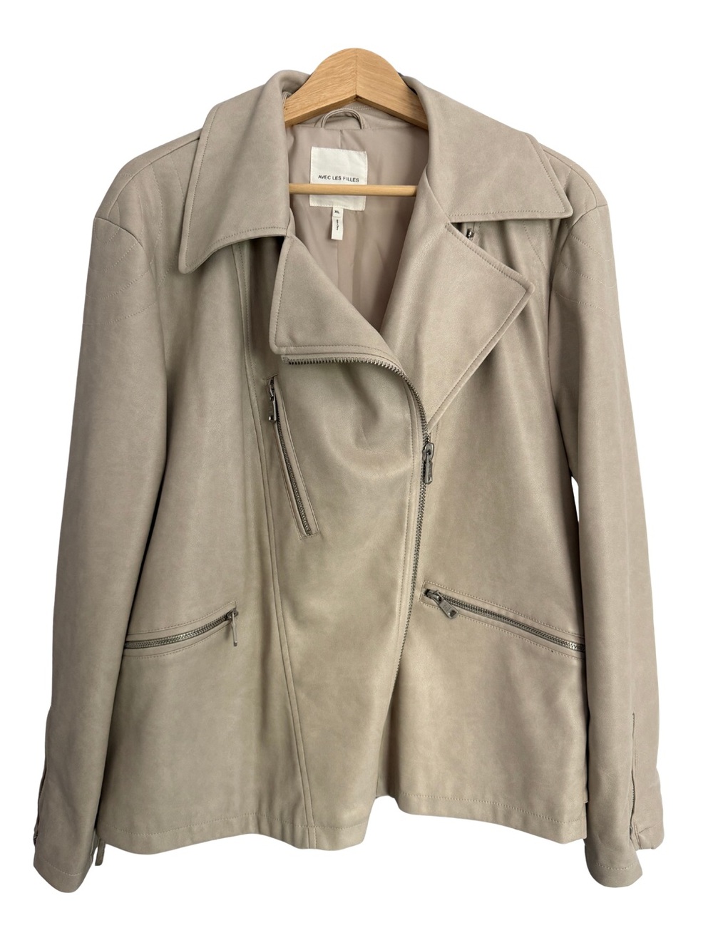 Avec Les Filles Neutral Taupe Suede Asymmetrical Moto Jacket